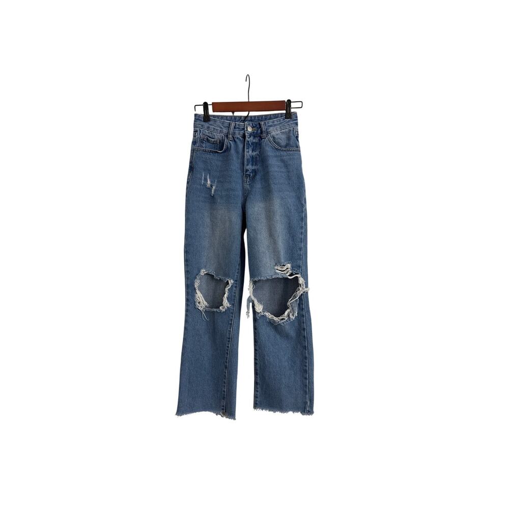 SHEIN Jeans High Rise Wide Leg Grunge Baggy Destroyed Blue Denim Size Women's XS
